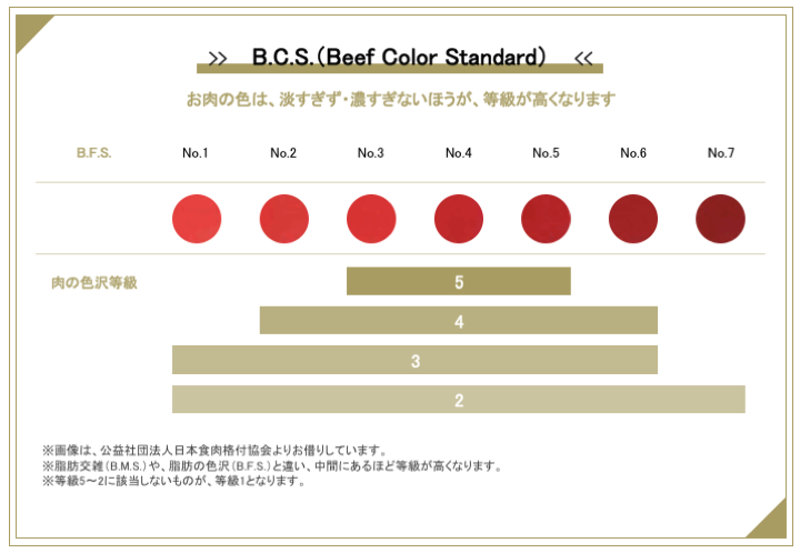 BCS（お肉の色沢）の等級の見分け方