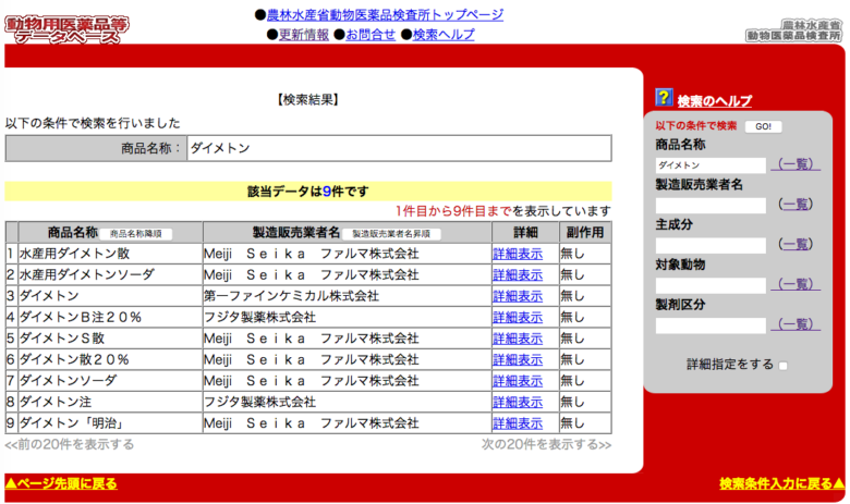 動物用医薬品データベースの検索結果